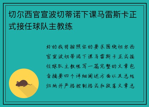 切尔西官宣波切蒂诺下课马雷斯卡正式接任球队主教练