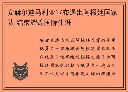 安赫尔迪马利亚宣布退出阿根廷国家队 结束辉煌国际生涯